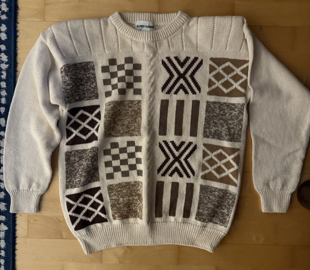 Vintage 90s Coogi Style Geometric Cream Patchwork Knit Sweater M